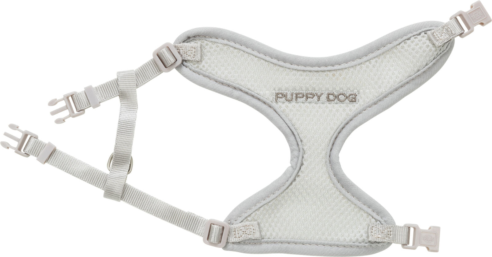 Graues Hundegeschirr mit verstellbaren Riemen, Kunststoffschnallen und der Aufschrift "PUPPY DOG" auf der Vorderseite.