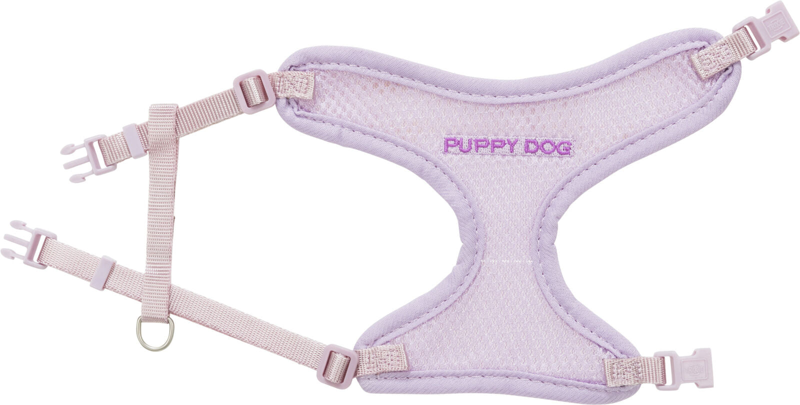 Hellviolettes Hundegeschirr mit lilafarbenem Text "PUPPY DOG" und verstellbaren, hellrosa Gurten.