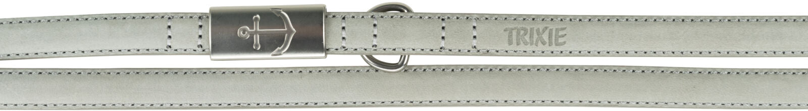 Graues, dünnes, längliches Band mit silbernem Anker-Symbol und dem Schriftzug "TRIXIE" auf der Oberfläche.