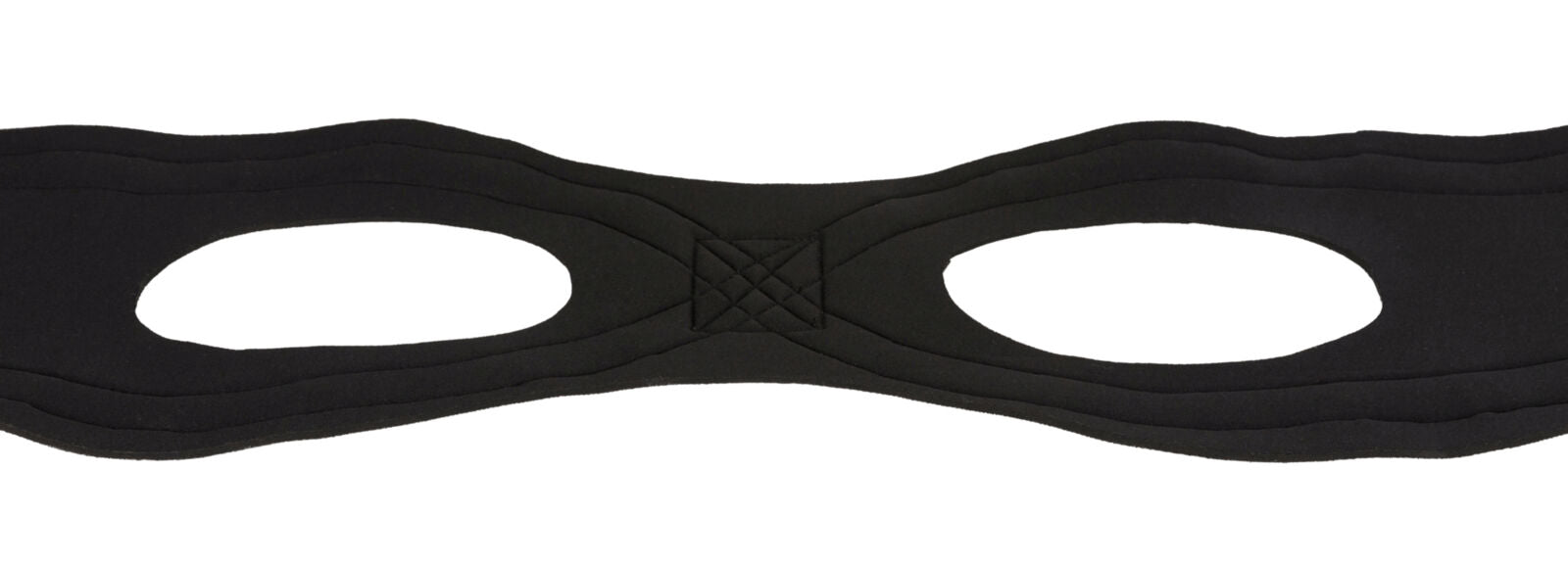 Schwarze Augenmaske mit zwei großen Augenöffnungen und gestepptem Detail in der Mitte.