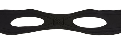 Schwarze Augenmaske mit zwei großen Augenöffnungen und gestepptem Detail in der Mitte.