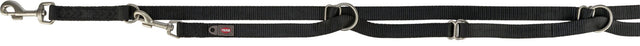 Schwarze Hundeleine mit mehreren Metallringen und Karabinern, Markenaufdruck "Trixie" sichtbar.