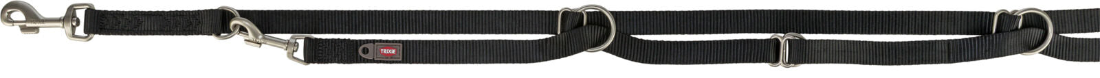 Schwarze Hundeleine mit mehreren Metallringen und Karabinern, Markenaufdruck "Trixie" sichtbar.