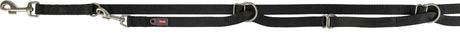 Schwarze Hundeleine mit mehreren Metallringen und Karabinern, Markenaufdruck "Trixie" sichtbar.