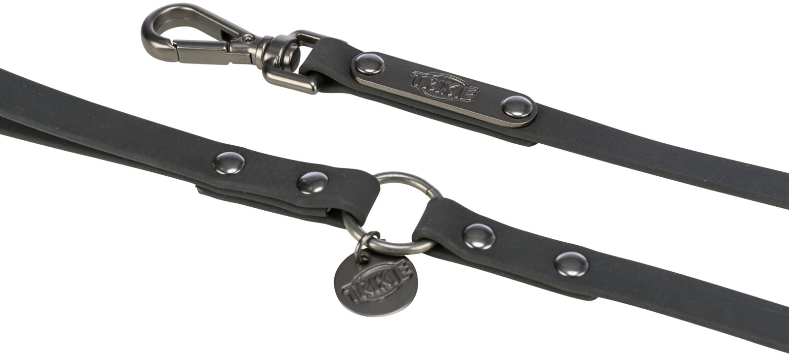 Schwarze Hundeleine aus Metall und Gummi mit Karabinerhaken und runder Plakette, Logo "TRIXIE" sichtbar.