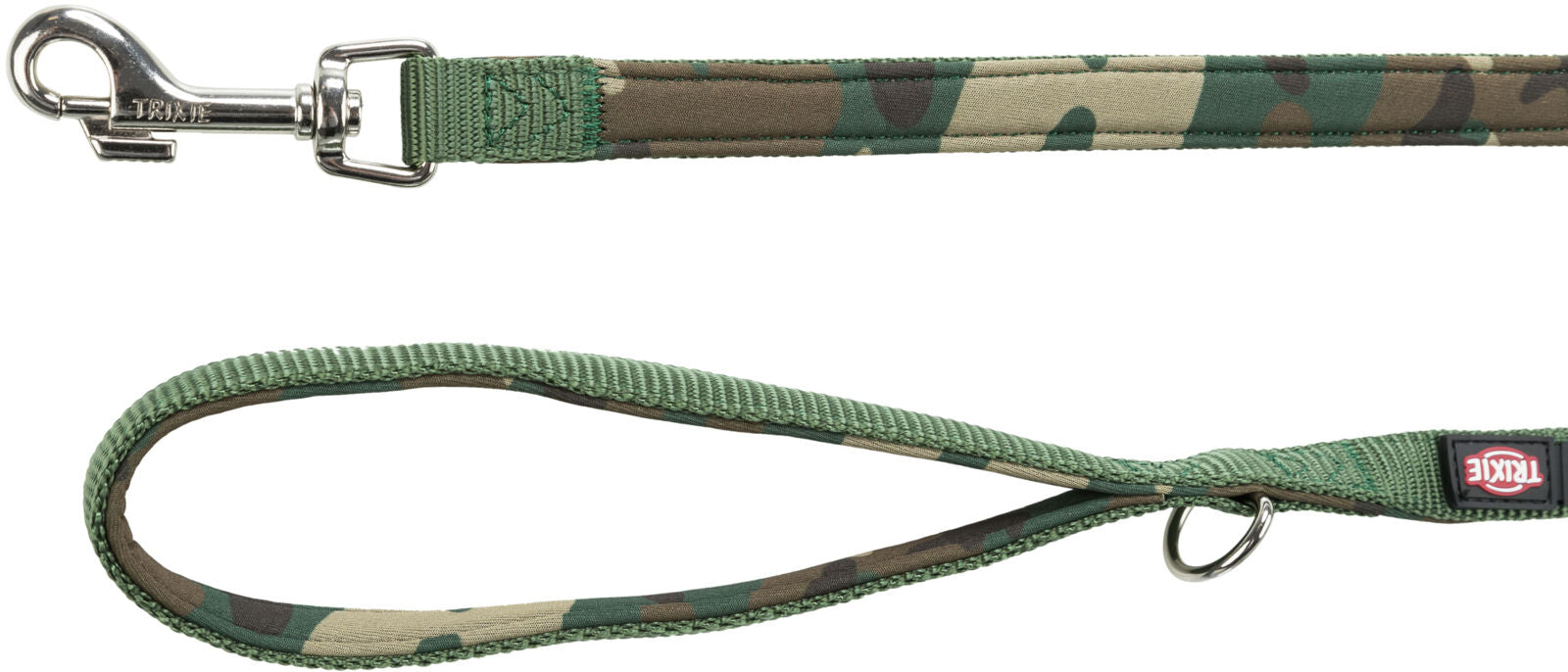 Grüne Hundeleine mit Camouflage-Muster, Metallkarabiner und Ring, stabiler Griff, Label "Trixie".