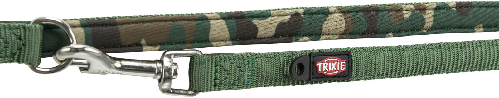 Grüne Hundeleine mit Metallkarabiner und Tarnmuster, Marke "TRIXIE" deutlich sichtbar.