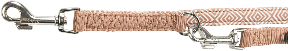 Beige Hundeleine mit braunem geometrischem Muster und zwei silbernen Karabinerhaken.