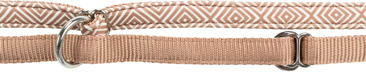 Beiges Hundehalsband mit geometrischem Muster und silbernem D-Ring, verstellbar mit Kunststoffschließe.