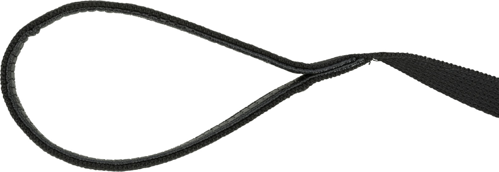 Eine schwarze, geflochtene Schlaufe aus Textilmaterial, die sich nach rechts zu verjüngen scheint.