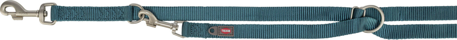 Blaue Hundeleine mit verstellbaren Metallverschlüssen und Markenaufdruck, geeignet für verschiedene Größen.