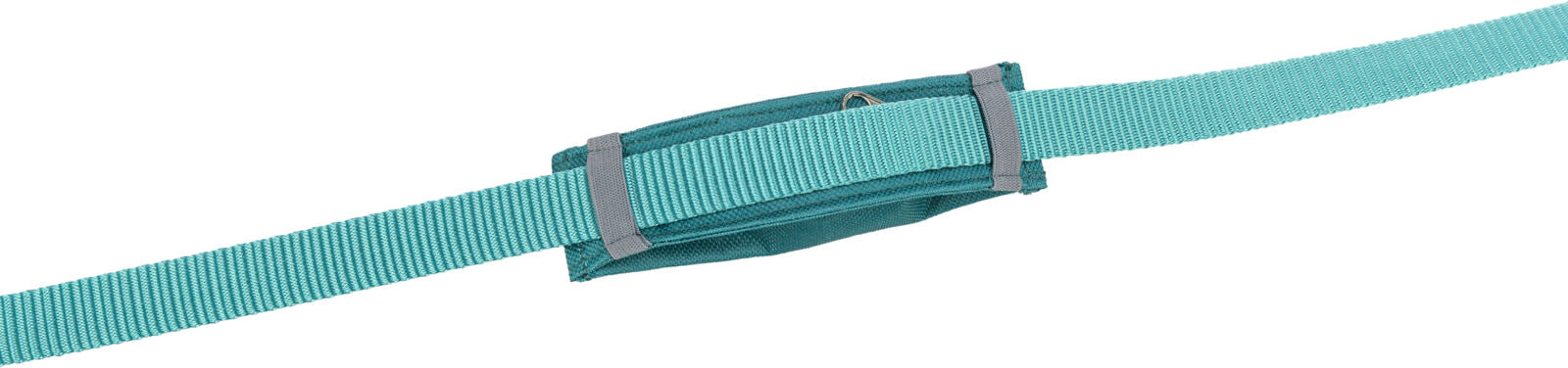 Türkisfarbener Gurt mit grauen Schlaufen und einem mittleren Polsterabschnitt, sichtbar von der Seite.