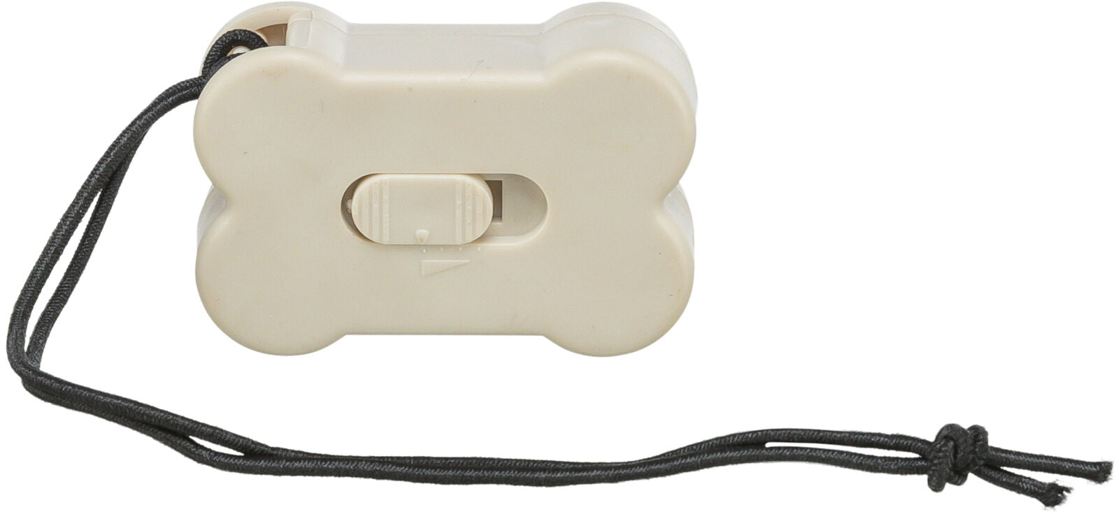 Beige, knochenförmiger Behälter mit schwarzer Kordel und Schieberegler in der Mitte.