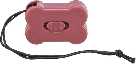 Rotes, knochenförmiges Plastikgehäuse mit einem schwarzen Band, einem Schieber in der Mitte.