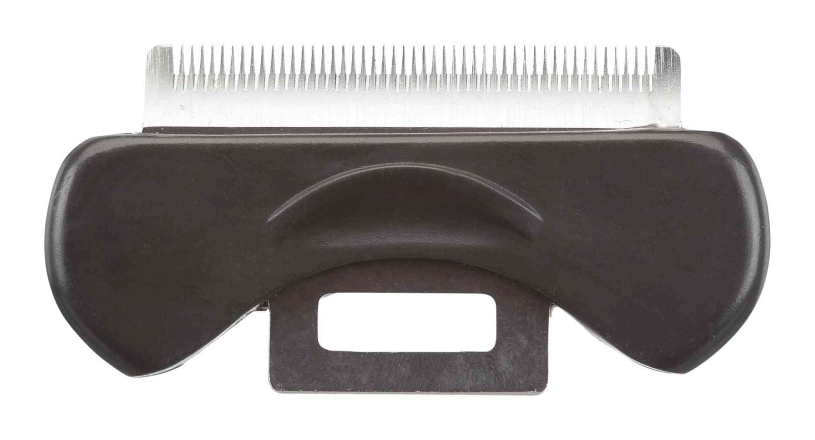 Schwarzer Griffaufsatz mit silbernen Metallzinken oben und rechteckigem Schlitz unten.