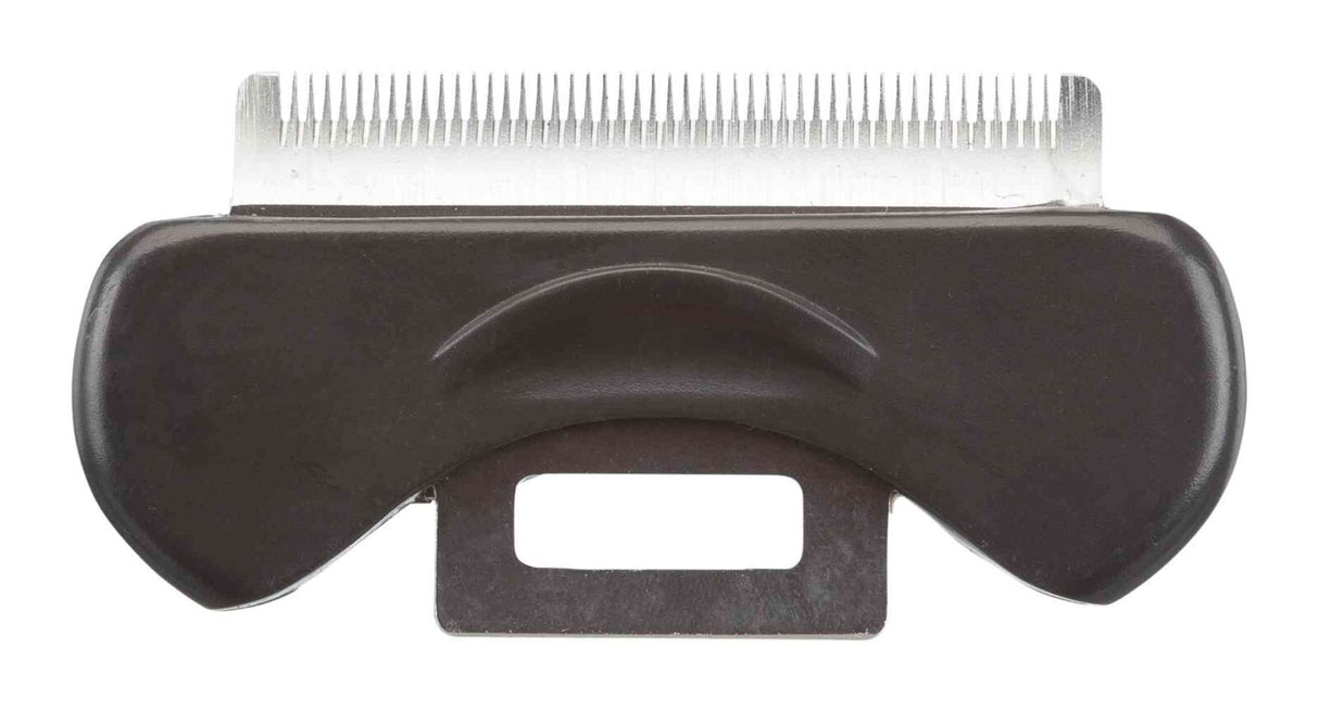 Schwarzer Griffaufsatz mit silbernen Metallzinken oben und rechteckigem Schlitz unten.