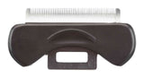Schwarzer Griffaufsatz mit silbernen Metallzinken oben und rechteckigem Schlitz unten.