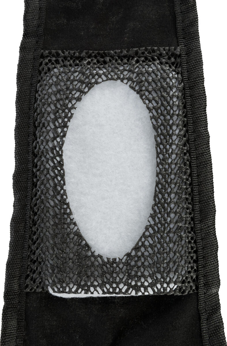 Schwarzes Netzgewebe mit ovalem Ausschnitt, umgeben von schwarzem Material, zeigt weißen Hintergrund im Inneren.