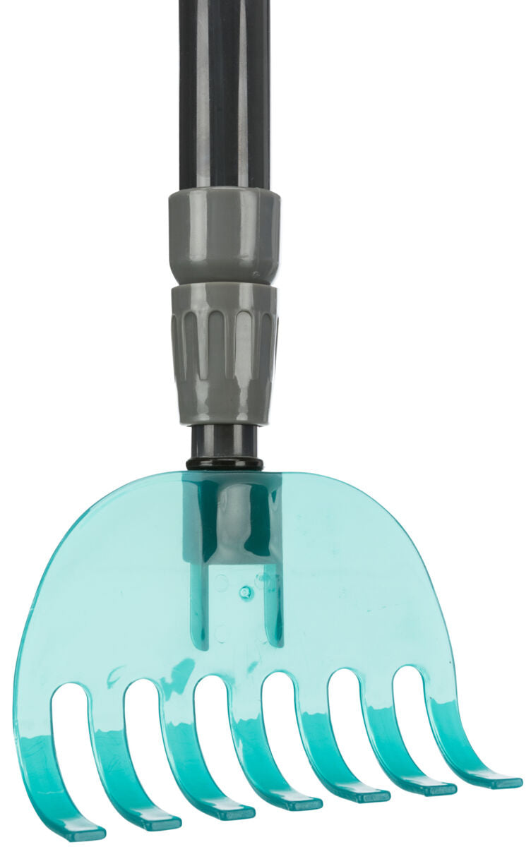 Grauer Griff mit blauer, halbtransparenter, abgerundeter Harke, passend für Gartenarbeiten.