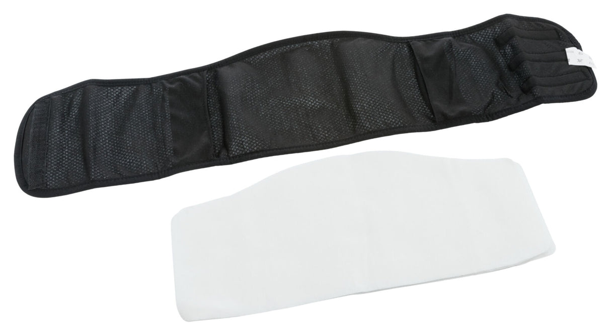 Ein schwarzer Gürtel mit einem weißen Einsatz liegt auf einer weißen Oberfläche.