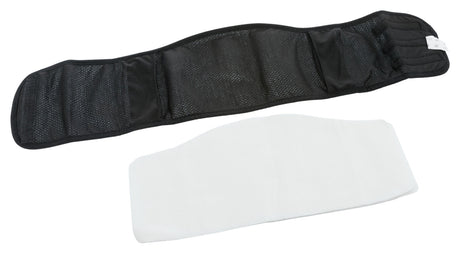 Ein schwarzer Gürtel mit einem weißen Einsatz liegt auf einer weißen Oberfläche.