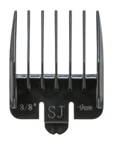 Ein schwarzer Kammaufsatz mit sechs Zinken ist sichtbar, gekennzeichnet mit "3/8", "SJ" und "9mm".