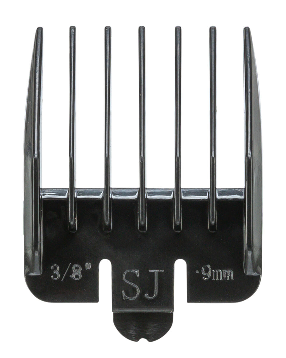 Ein schwarzer Kammaufsatz mit sechs Zinken ist sichtbar, gekennzeichnet mit "3/8", "SJ" und "9mm".