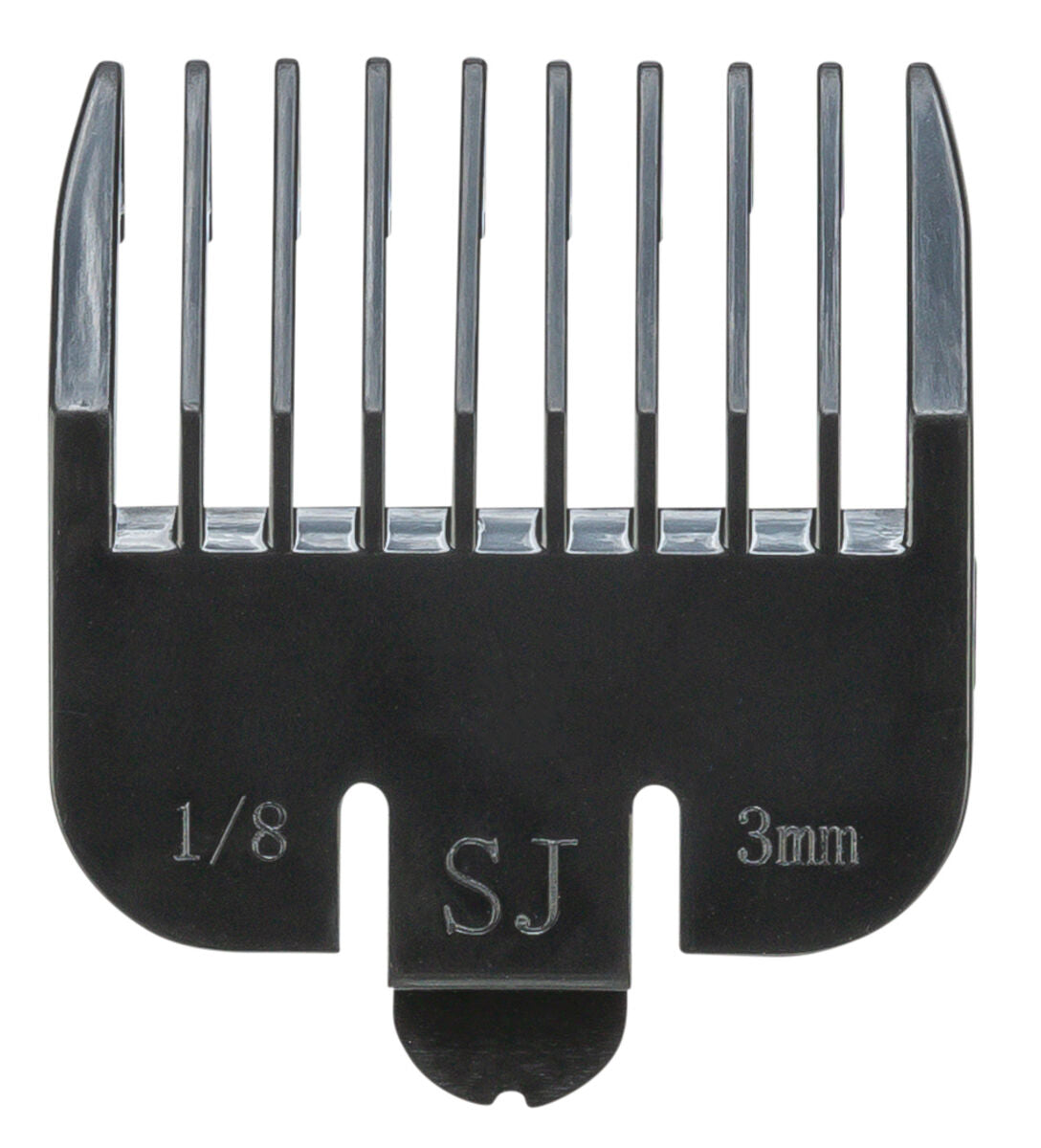 Schwarzer Aufsatz für Haarschneider mit sechs Zinken und der Aufschrift "1/8", "SJ" und "3 mm".