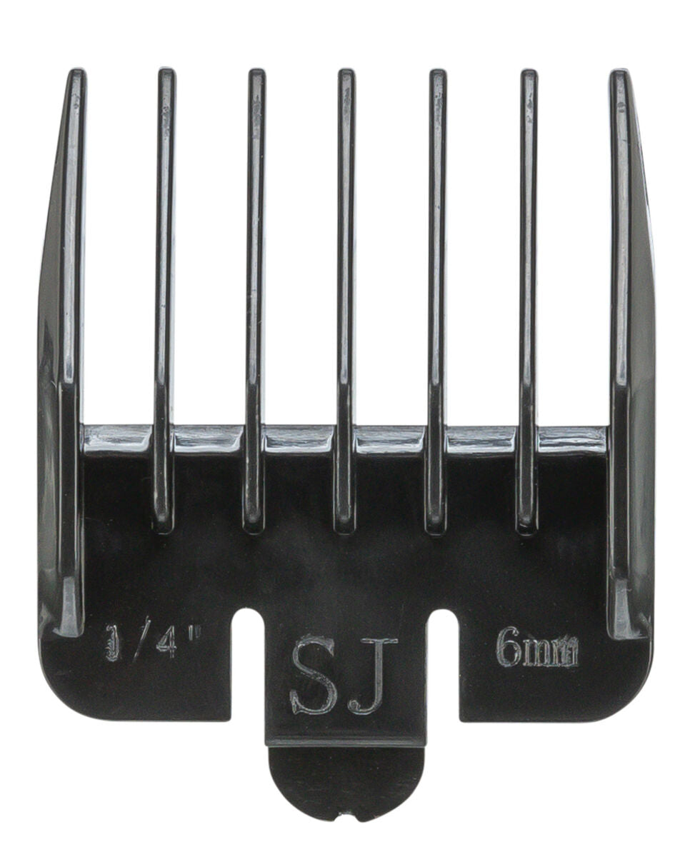 Schwarzer, sechszinkiger Trimmeraufsatz mit der Aufschrift "1/4" 6 mm SJ".