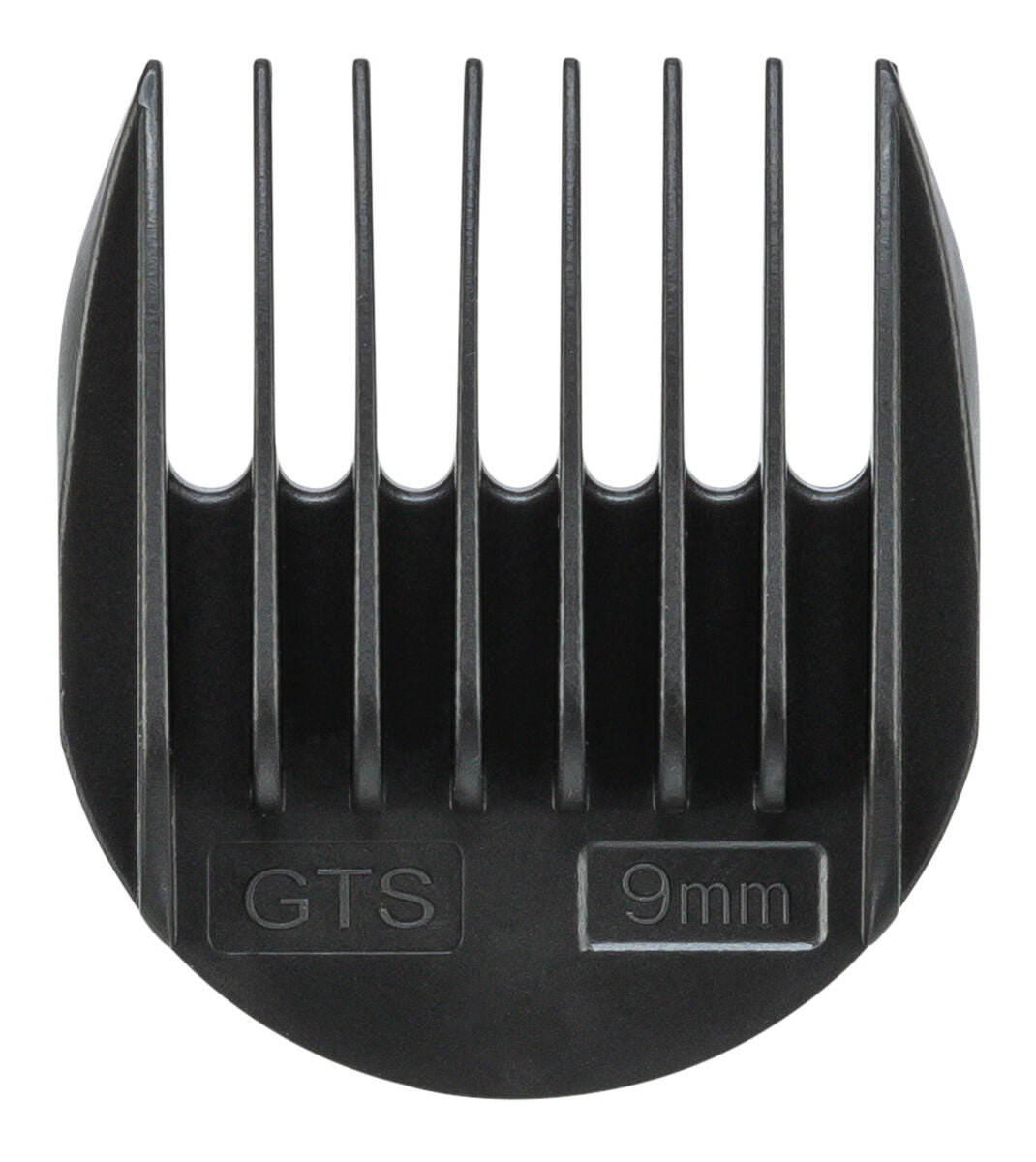 Schwarzer Kammaufsatz mit GTS und 9 mm Gravur, verwendet für Haarschneidemaschinen.