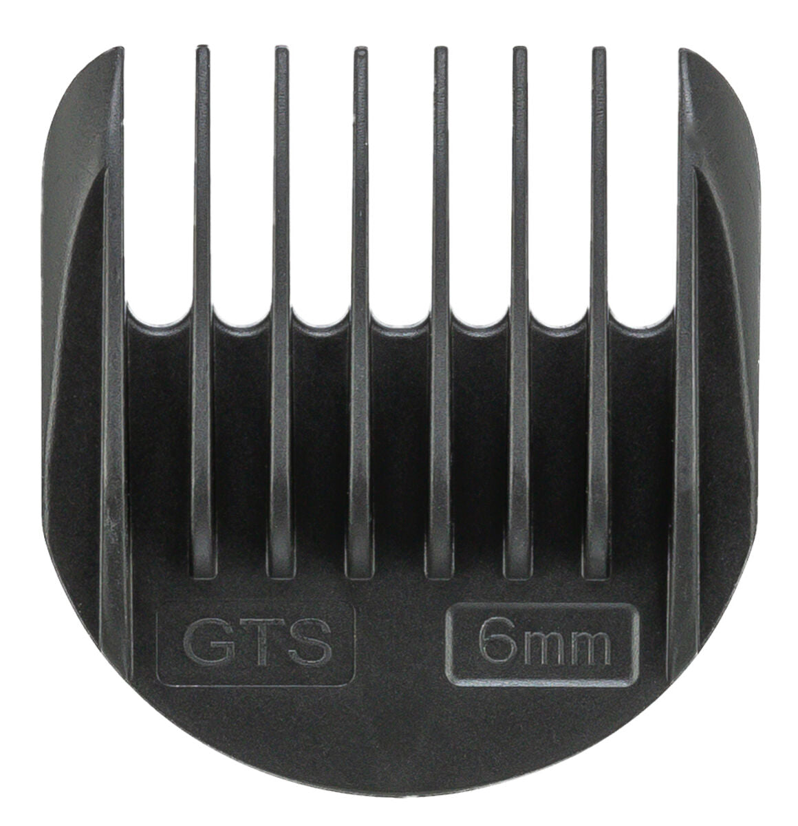 Schwarzer Kunststoffaufsatz für Haarschneider, beschriftet mit "GTS" und "6mm", gerade Zähne, Rückansicht.