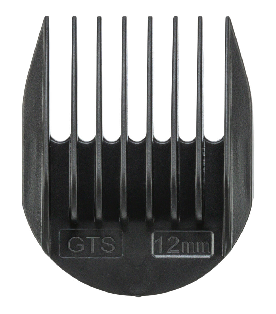 Schwarzer Kunststoffaufsatz für Haarschneidemaschinen mit der Beschriftung "GTS" und "12mm".