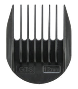 Schwarzer Kunststoffaufsatz für Haarschneidemaschinen mit der Beschriftung "GTS" und "12mm".