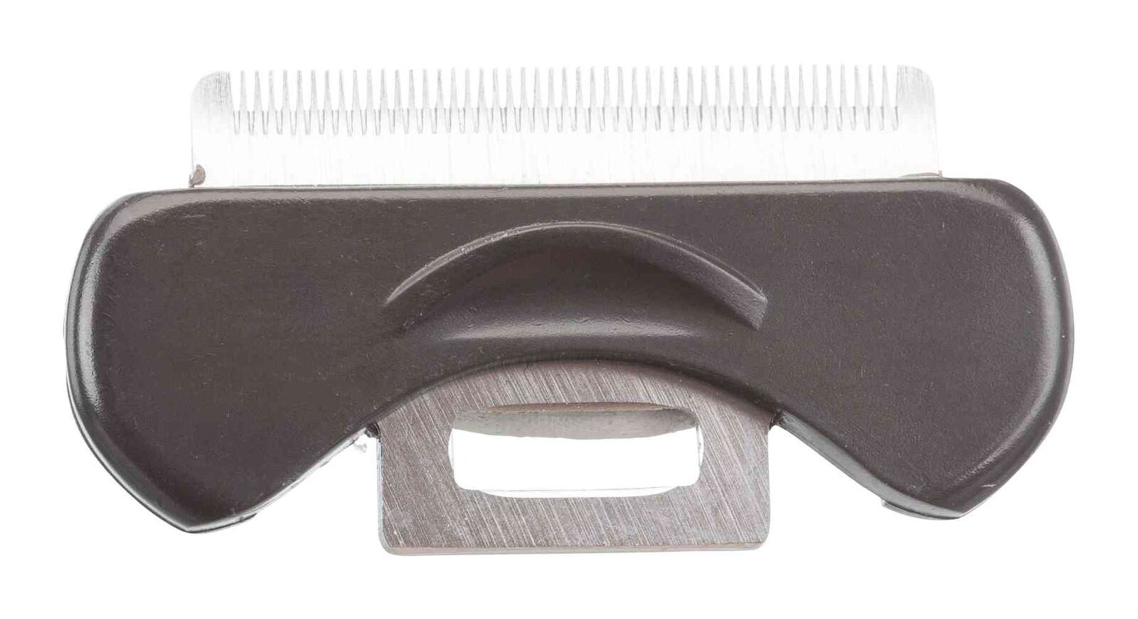 Ein schwarzes Kunststoffteil mit einer Metallkante an der Oberseite und einer Halterung in der Mitte.