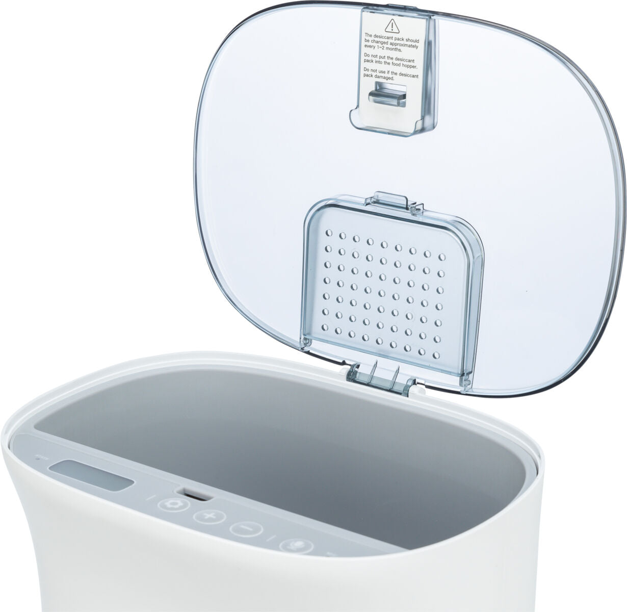 Geöffneter weißer Behälter mit transparentem Deckel und sichtbarem Schaltfeld.