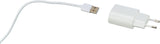 Weißes USB-Kabel mit Stecker neben weißem Netzteil mit zwei runden Metallstiften.