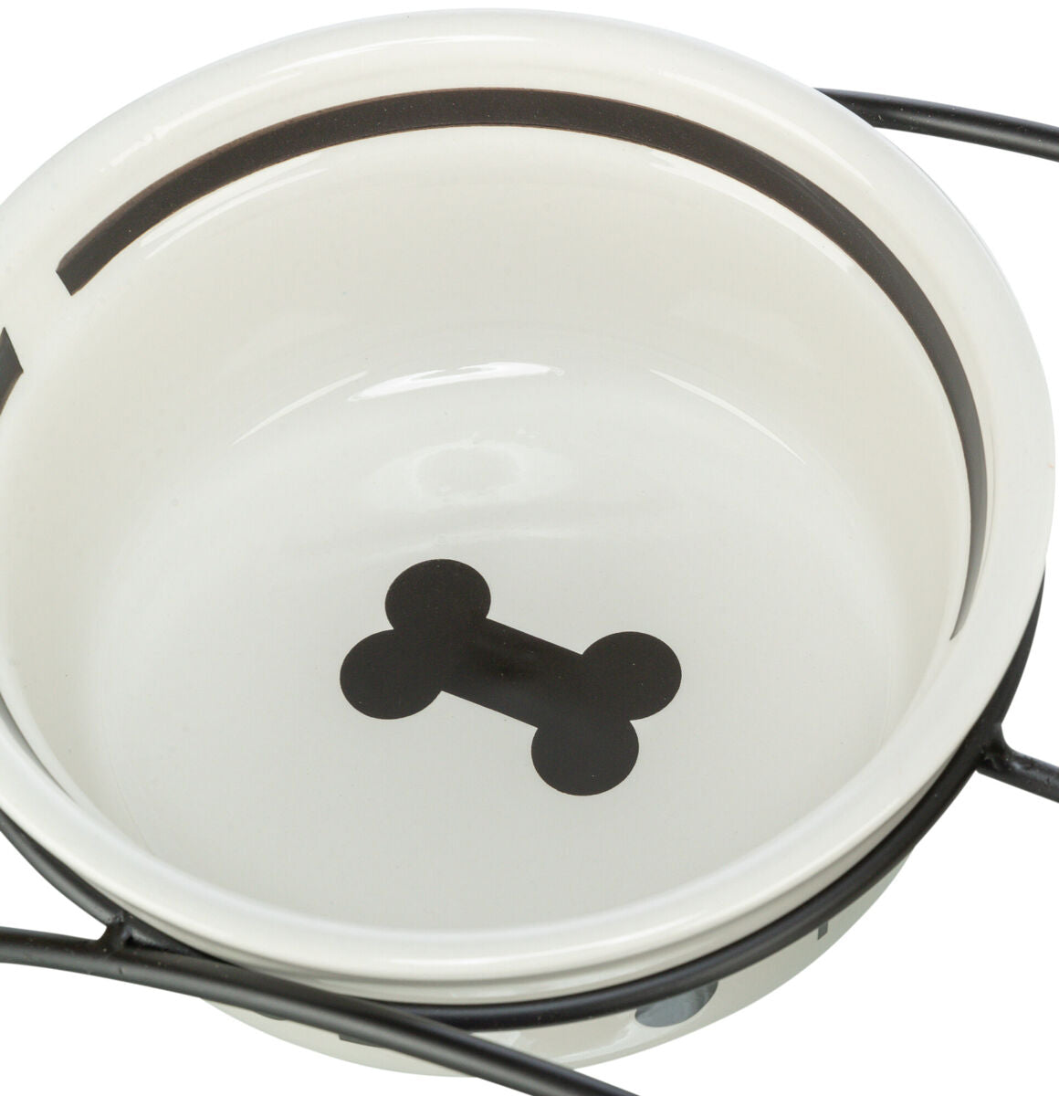 Weiße Futterschale mit schwarzem Knochenmotiv und Metallständer.