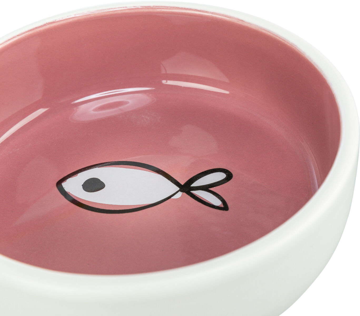 Rosa Keramikschale mit Fischmotiv im Inneren, weißer Rand.