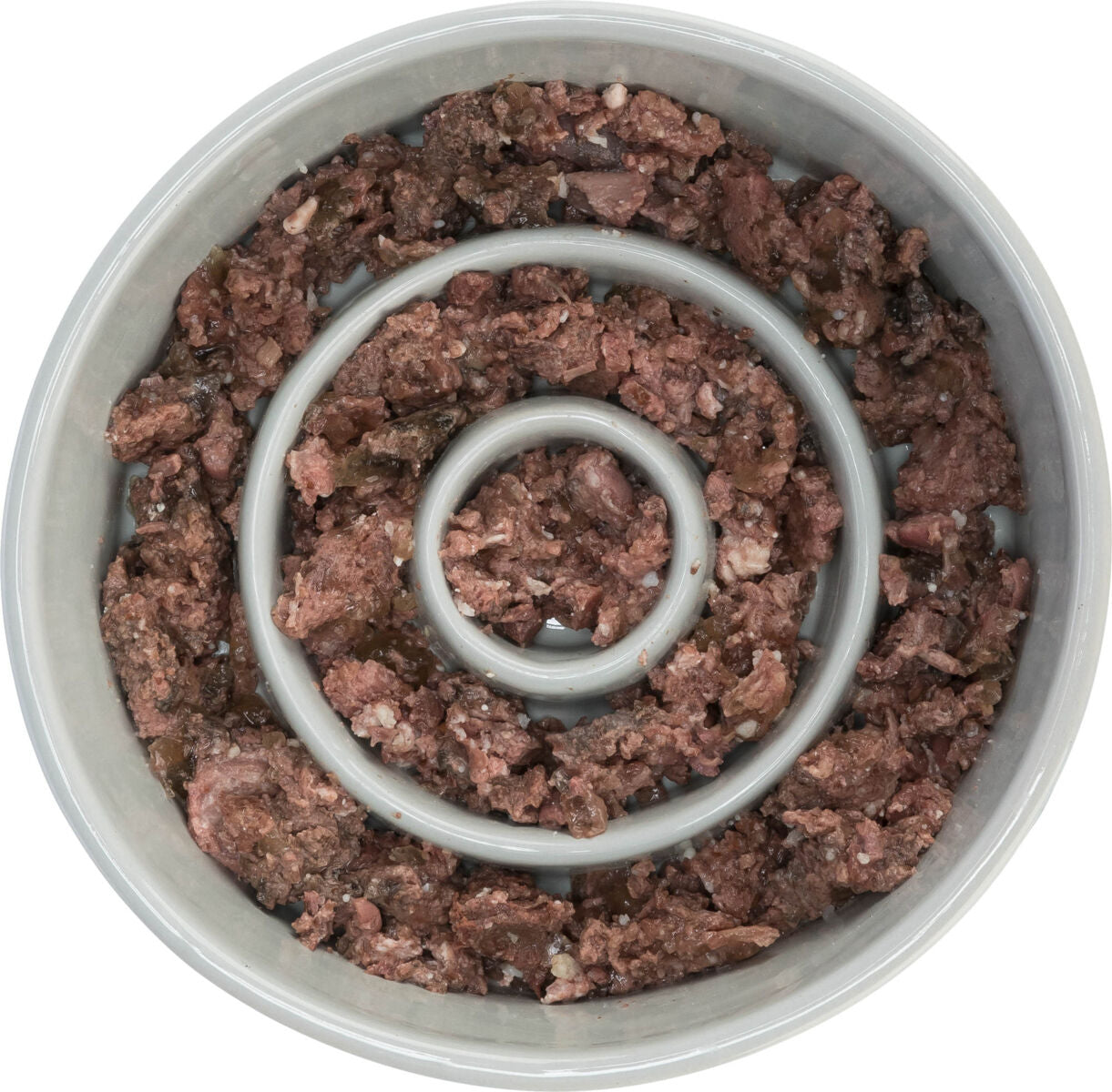 Grauer Napf mit Spiralmuster, gefüllt mit braunem, krümeligem Futter.