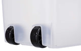 Transparente Kunststoffbox mit zwei schwarzen Rädern an der Unterseite, seitliche Ansicht.