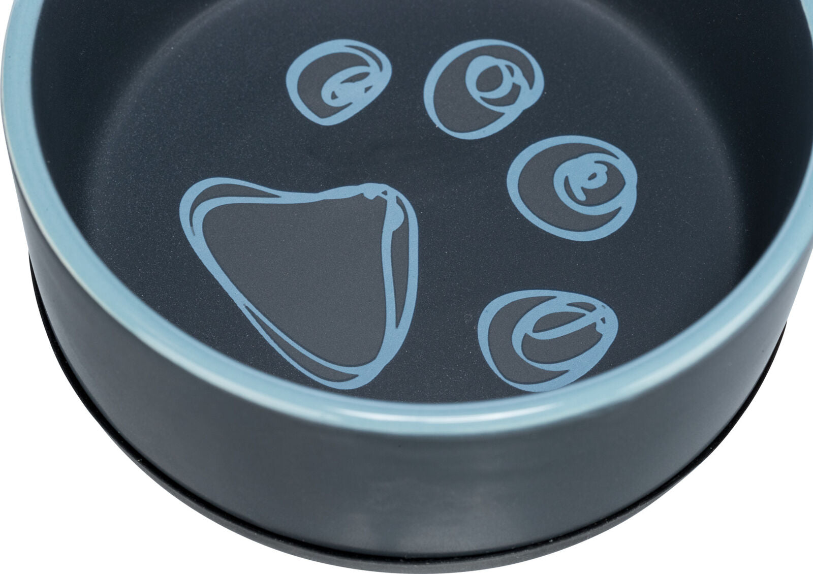 Runde graue Schüssel mit blauem Pfotenabdruck-Muster am Boden, heller Rand, dunkler Innenbereich.