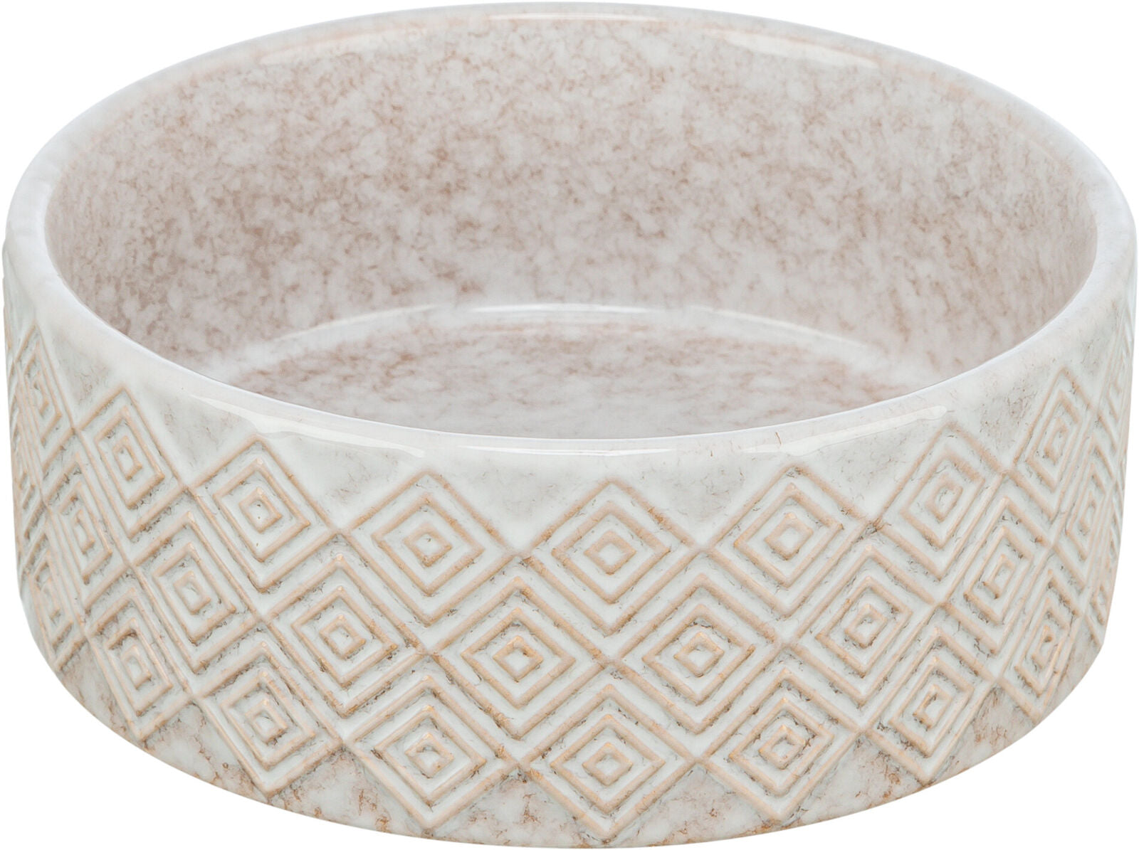 Schale aus beigem Keramikmaterial mit rautenförmigem Muster und glatter Innenseite, cremefarbene Töne.