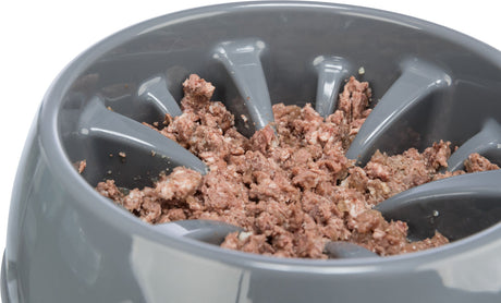 Grauer Napf mit mehreren Trennwänden, gefüllt mit stückigem, braunem Futter.