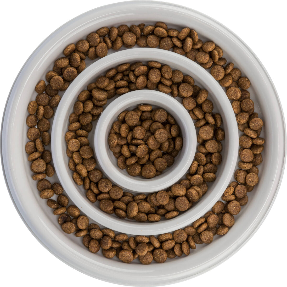 Runder Napf mit braunen Trockenfutterstücken in einem weißen spiralförmigen Muster angeordnet.