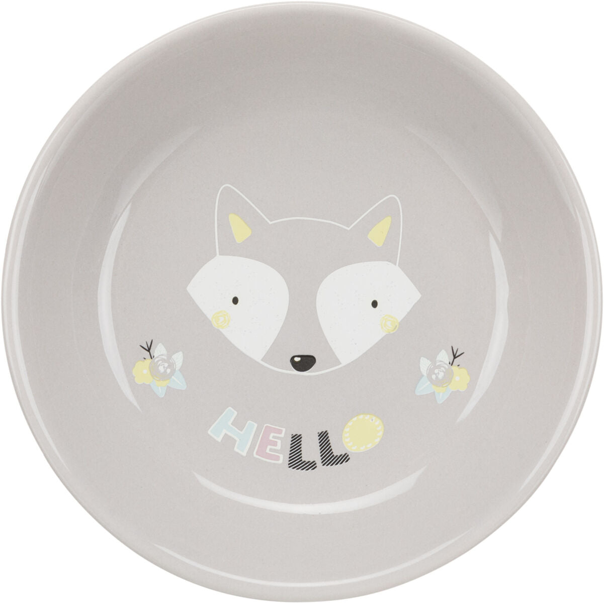 Grauer Teller mit stilisiertem Fuchs-Gesicht und buntem "HELLO"-Text in der Mitte.