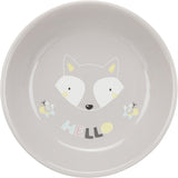 Grauer Teller mit stilisiertem Fuchs-Gesicht und buntem "HELLO"-Text in der Mitte.