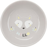 Grauer Teller mit stilisiertem Fuchs-Gesicht und buntem "HELLO"-Text in der Mitte.