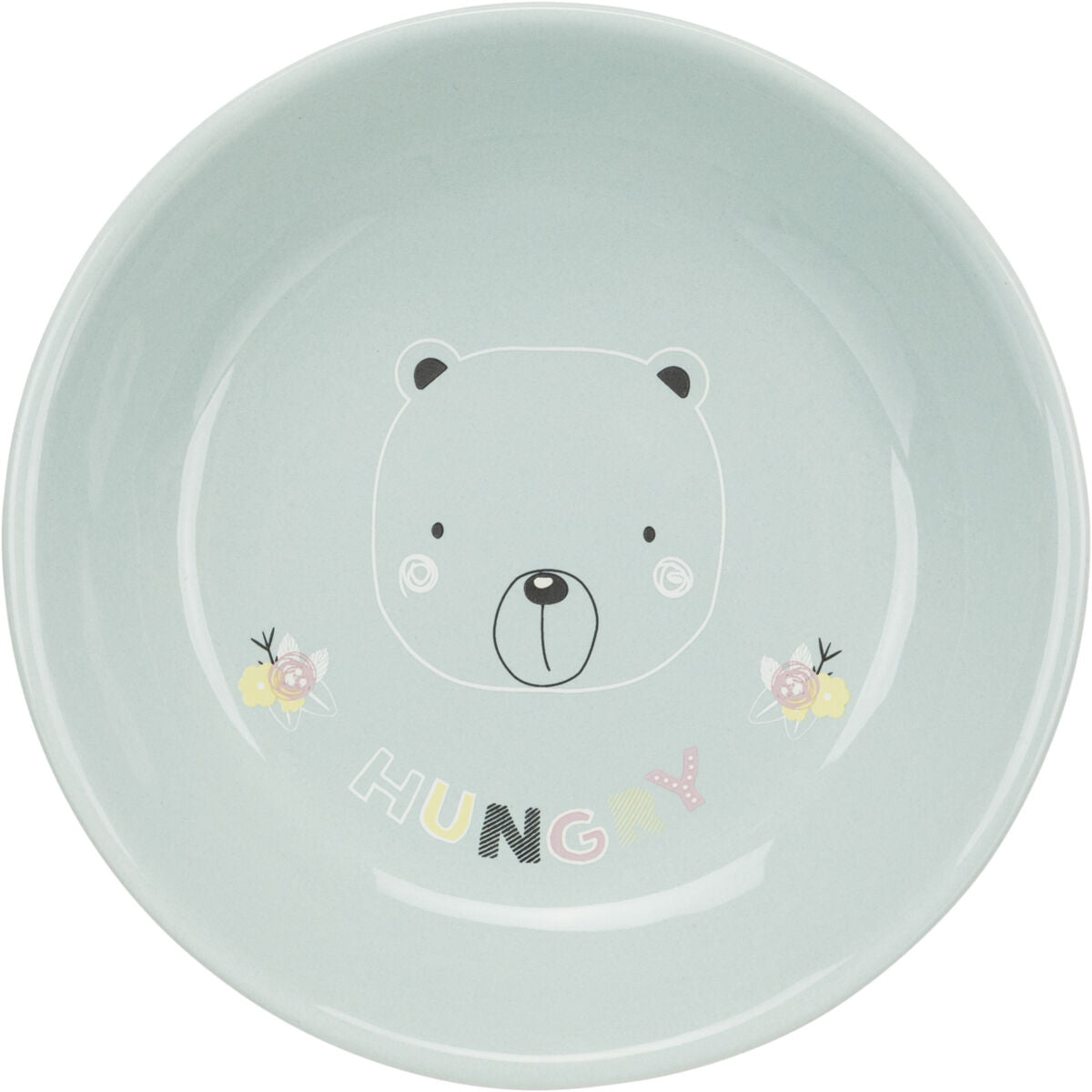 Hellgrüner Teller mit gezeichnetem Bärengesicht und dem Wort "HUNGRY" in bunten Buchstaben darunter.