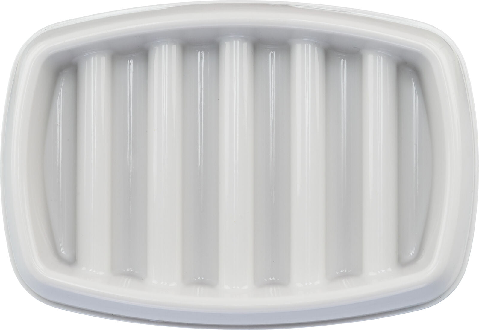 Weiße, ovale Seifenschale mit geriffelter Oberfläche, glänzende Oberfläche, aus Kunststoff oder Keramik.