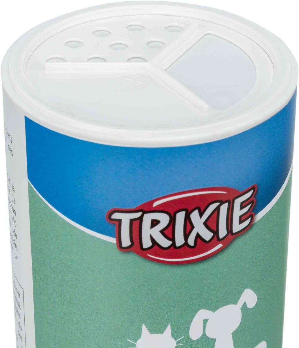 Runde Dose mit blau-grünem Etikett und Trixie-Logo, weißer Deckel mit Löchern und Unterteilungen.